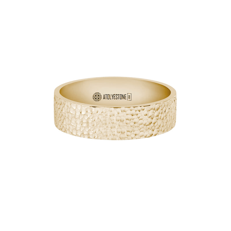 Men's Solid Yellow Gold Hammered Band Ring - 6mm