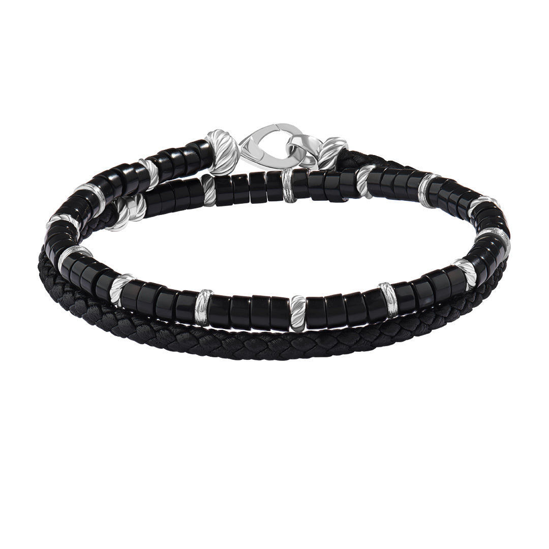 Agate Heishi Beads & Leather Wrap Bracelet in Silver