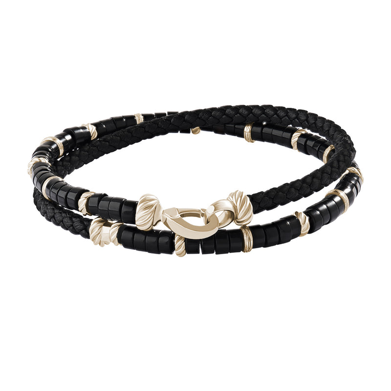 Agate Beads & Black Leather Bracelet - Yellow Gold