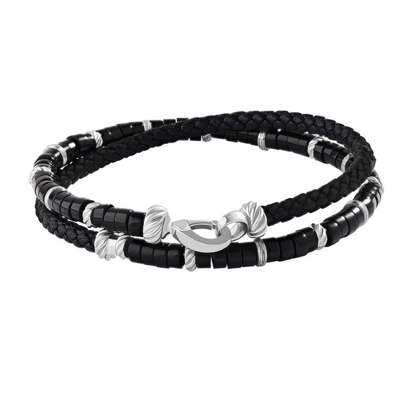 Agate Beads & Black Leather Bracelet