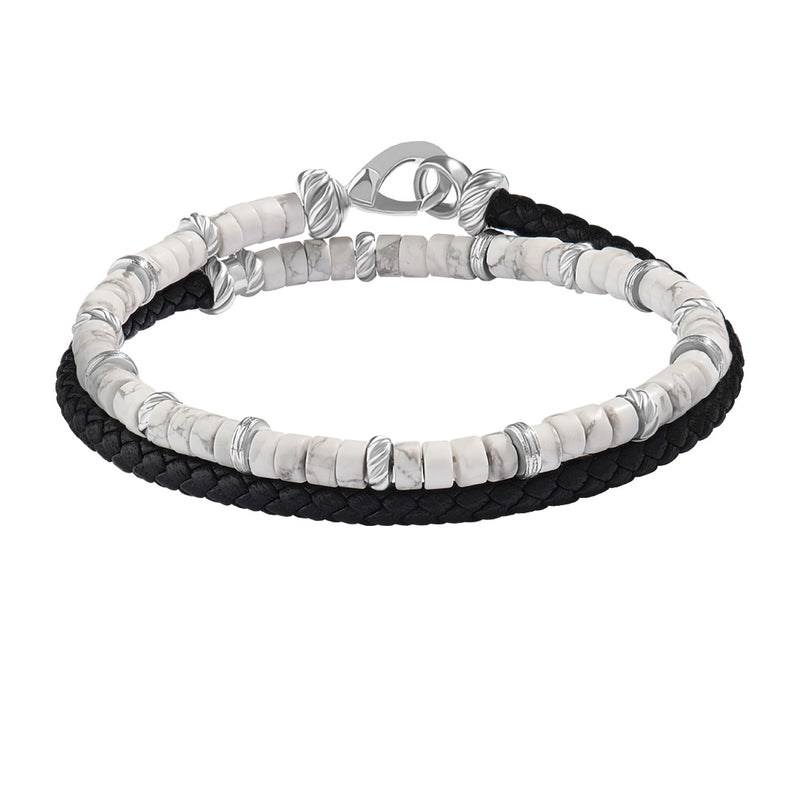 Howlite Heishi Beads & Leather Wrap Bracelet in Silver