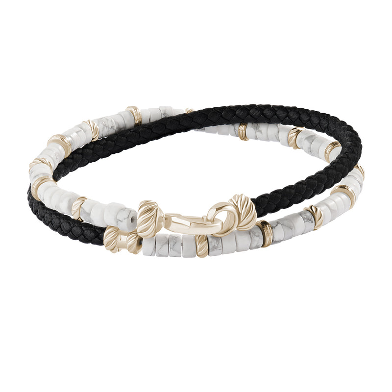 Howlite Beads & Black Leather Bracelet - Yellow Gold