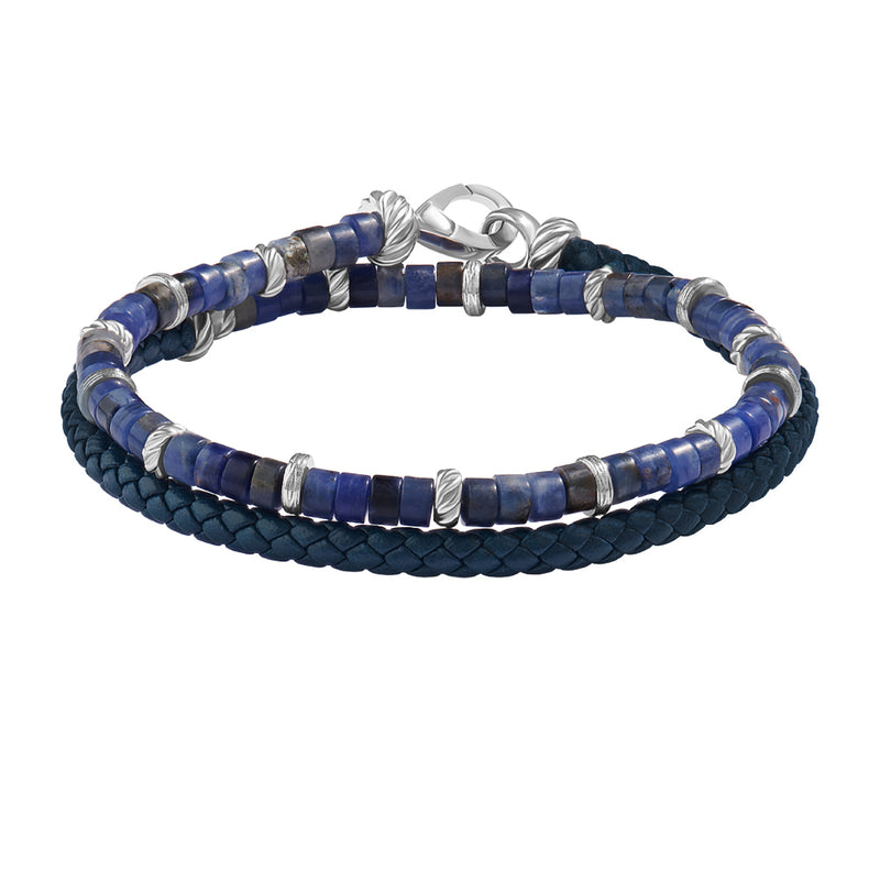 Sodalite Heishi Beads & Leather Wrap Bracelet in Silver