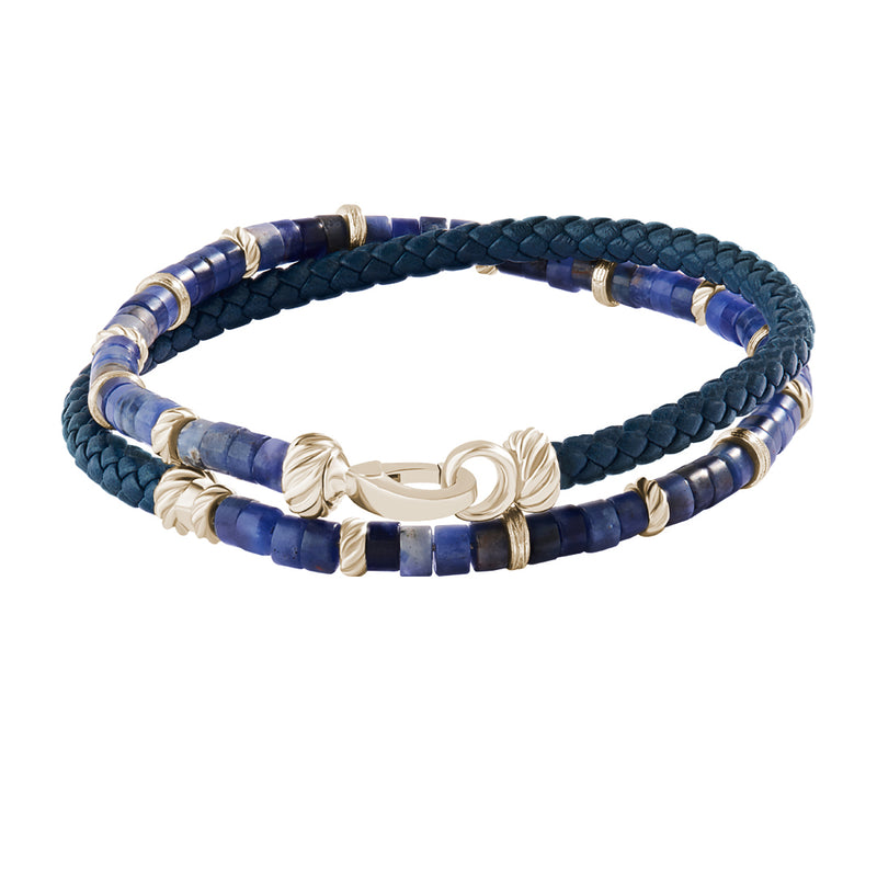 Sodalite Beads & Navy Leather Bracelet - Yellow Gold