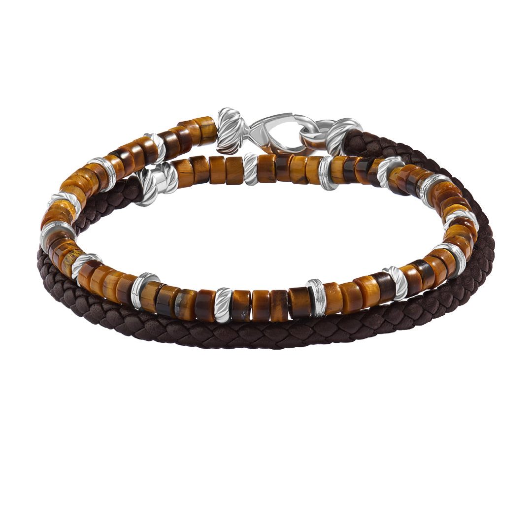 Men's Tiger Eye Beaded Leather Wrap Bracelet