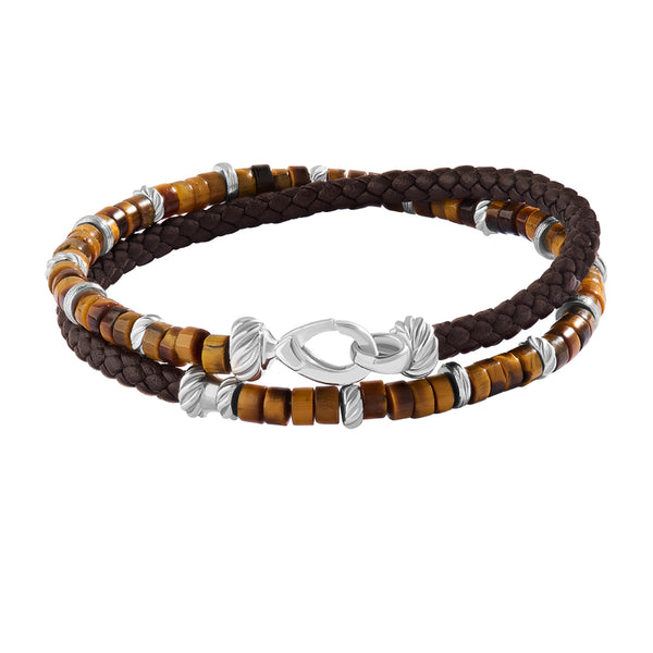 Men's Tiger Eye Heishi & Brown Leather Wrap Bracelet