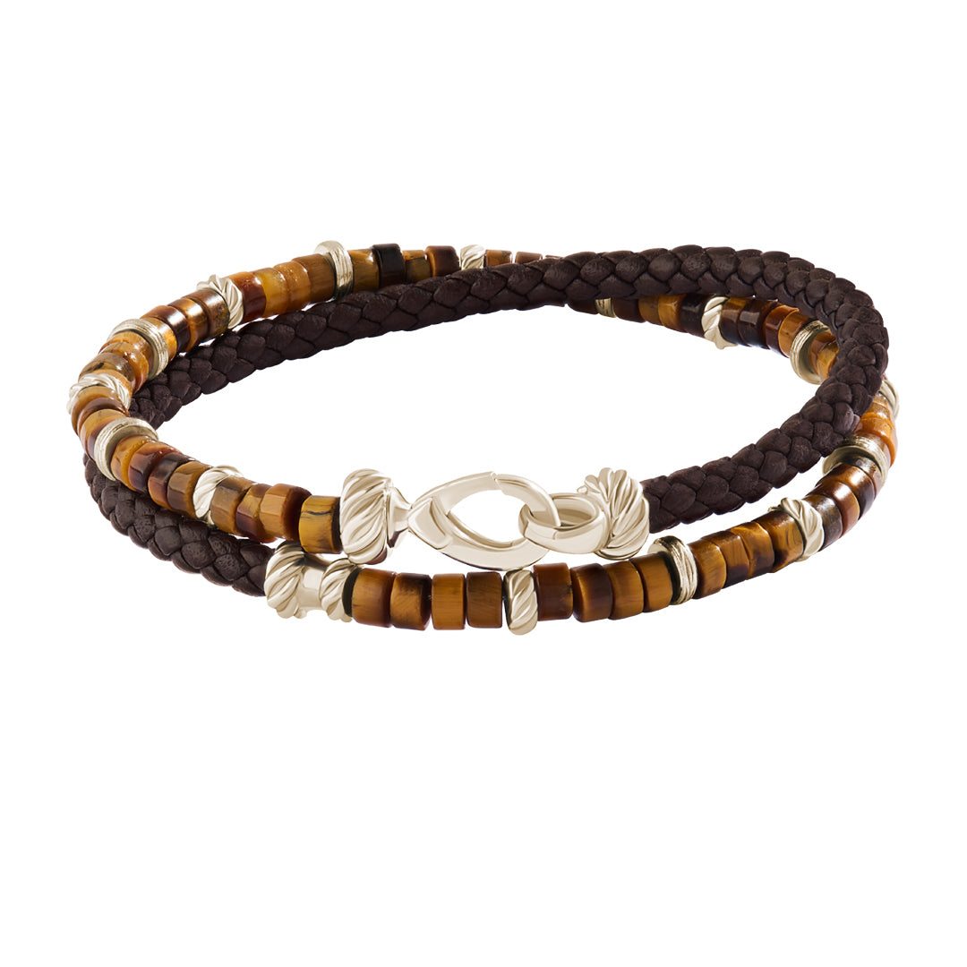 Men's Tiger Eye Heishi & Brown Leather Wrap Bracelet - Yellow Gold