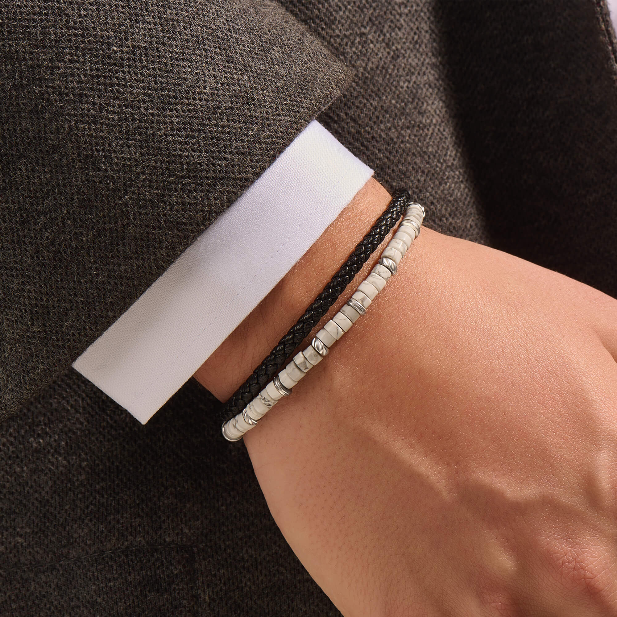Black Leather and Howlite Beads Wrap Bracelet