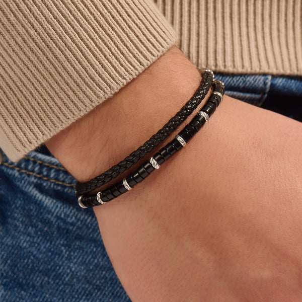 Black Leather and Agate Beads Wrap Bracelet