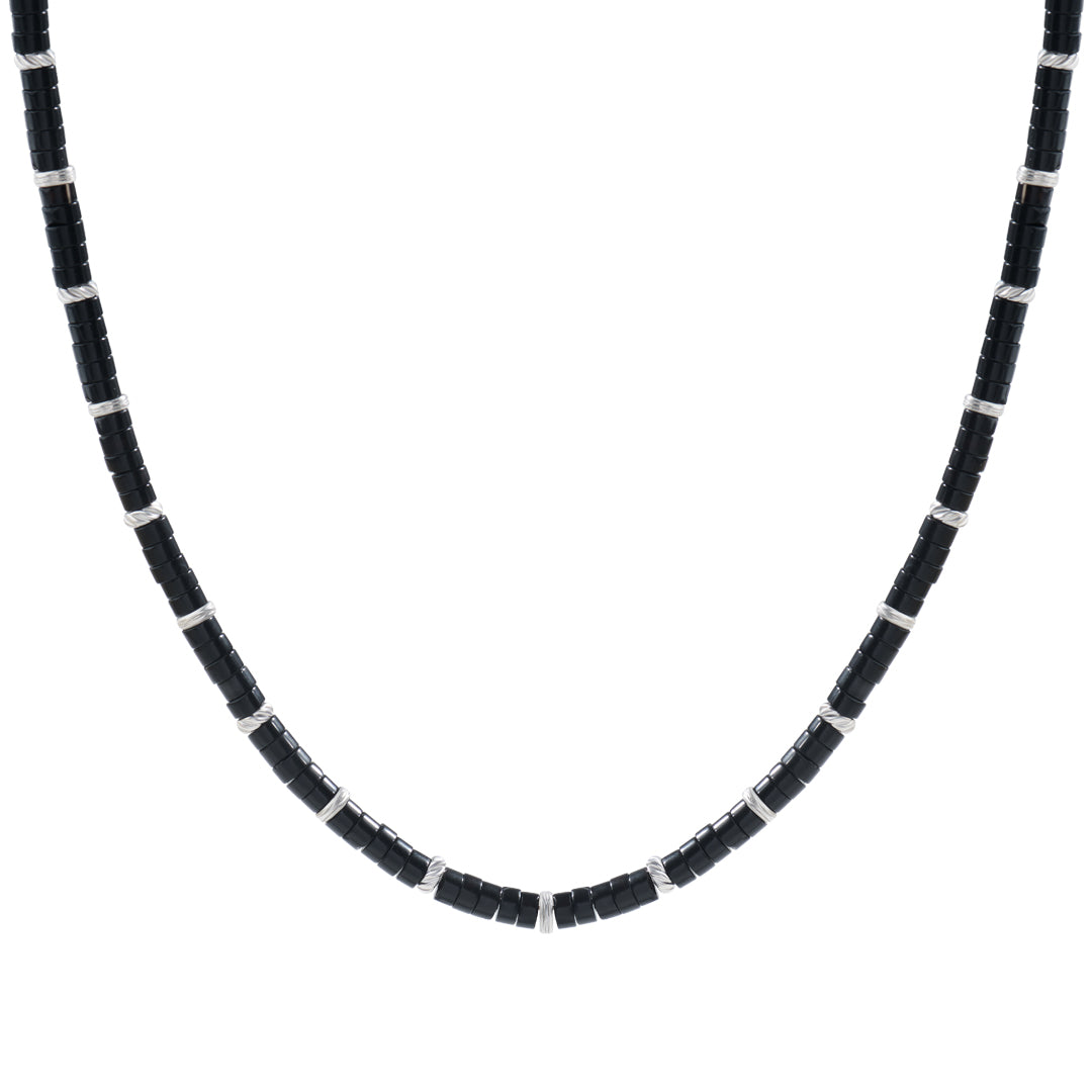 Men's Natural Agate Heishi Beads Necklace with Silver Stoppers
