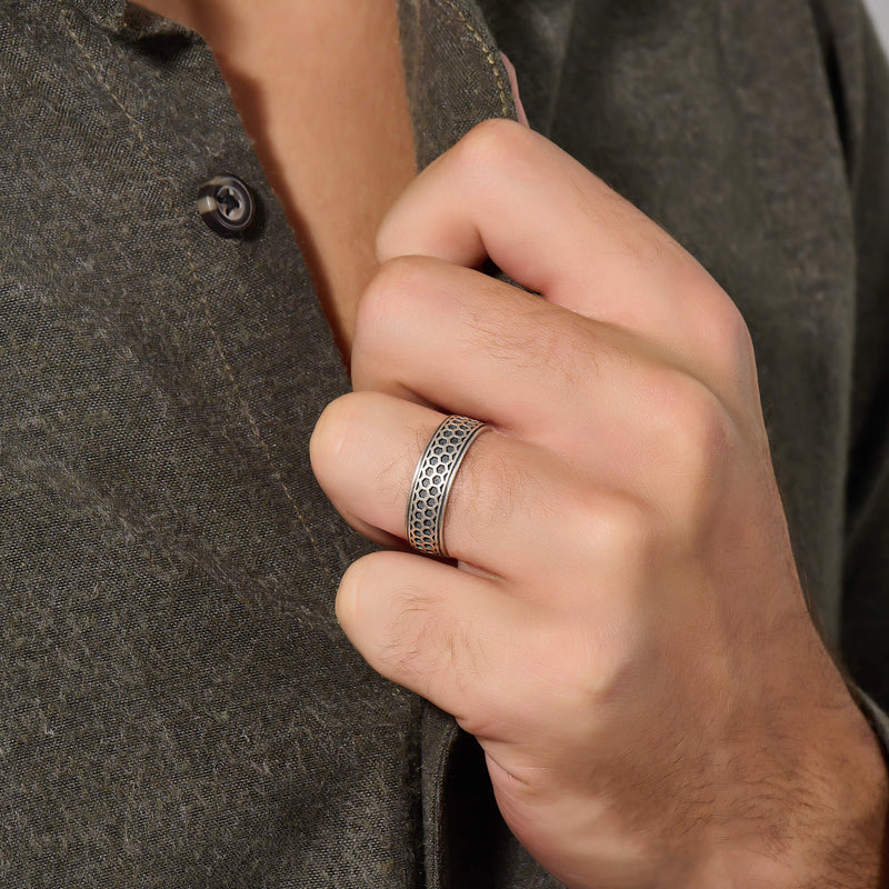 Men's Honeycomb Pattern Band Ring in 925 Sterling Sİlver