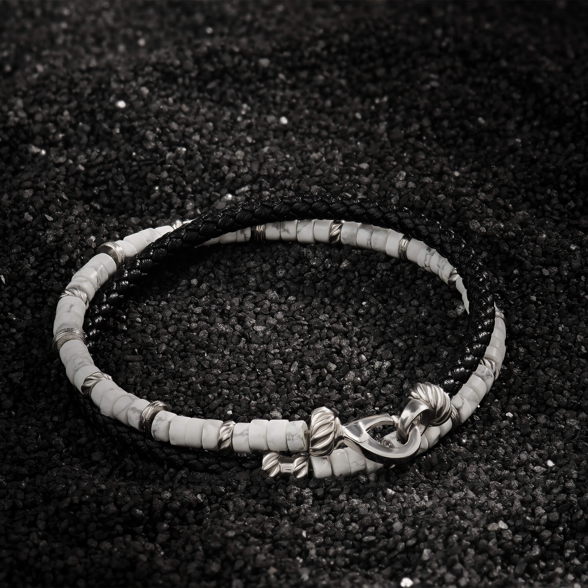 Black Leather and Howlite Heishi Beaded Wrap Bracelet
