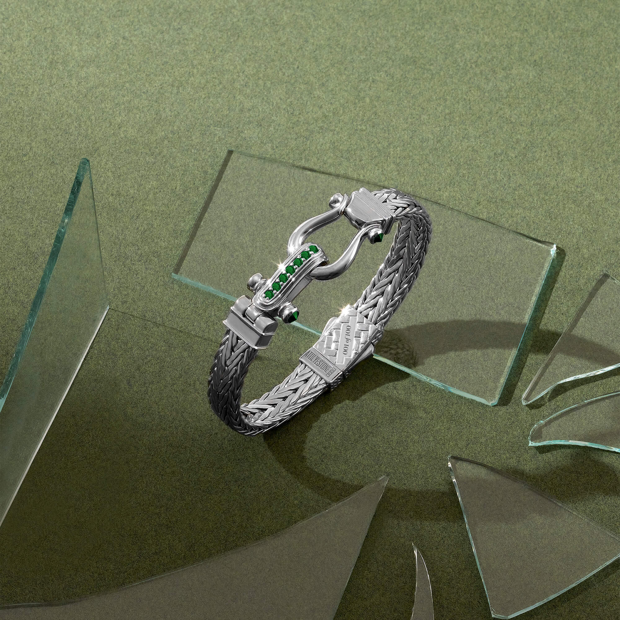 925 Sterling Silver Foxtail Woven Emerald Pave Bangle Bracelet