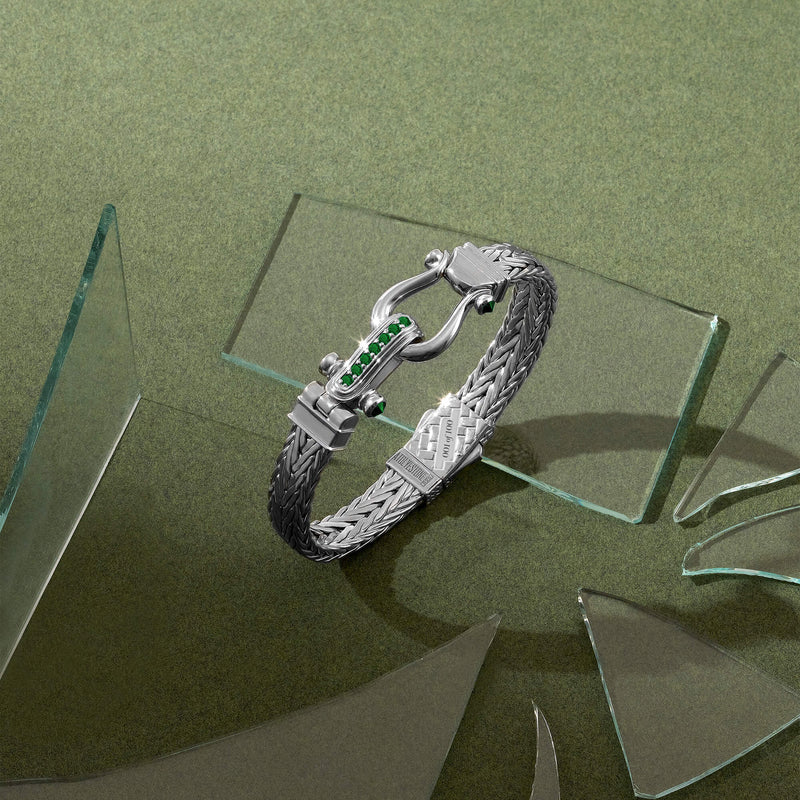 925 Sterling Silver Foxtail Woven Emerald Pave Bangle Bracelet