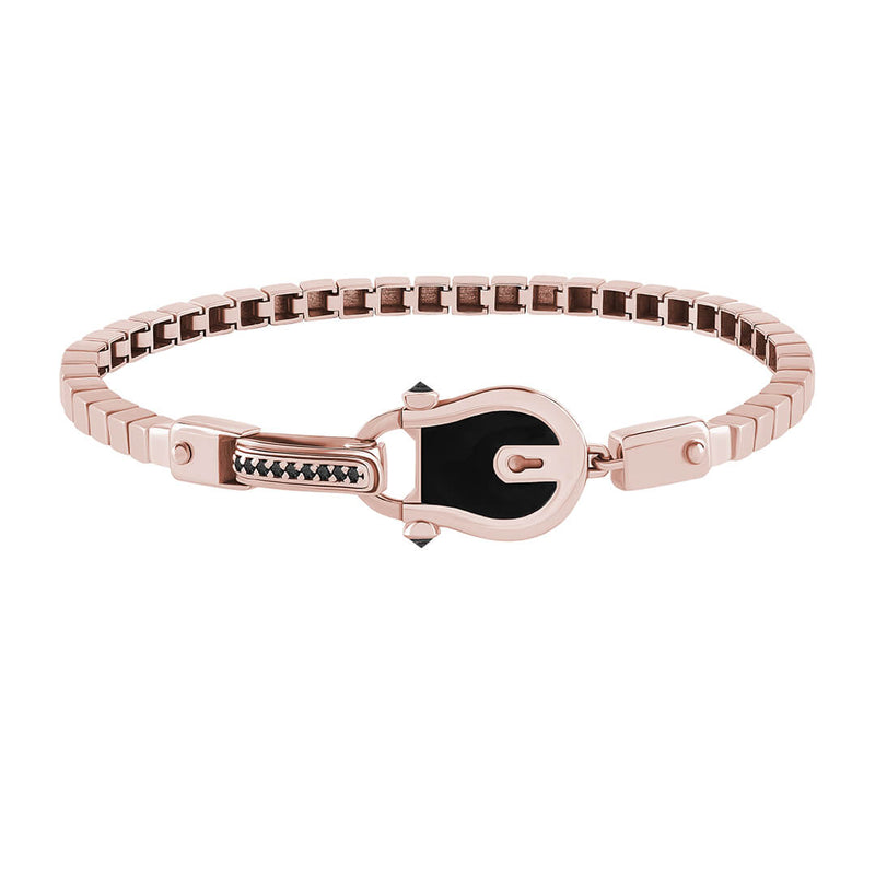 Iconic Enamel Lock Chain Bracelet in Solid Rose Gold - Black Diamond