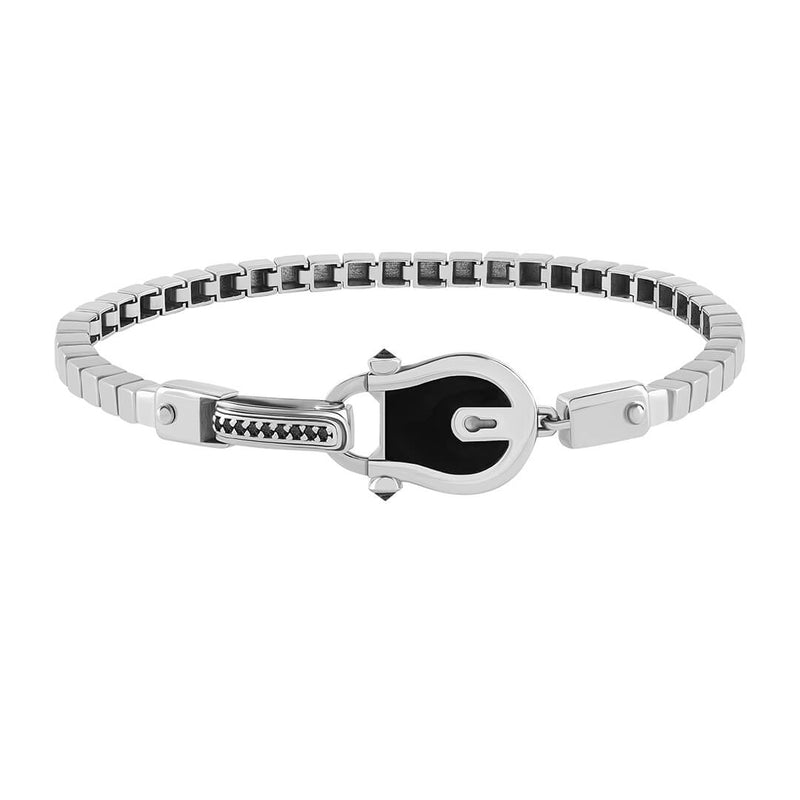 Iconic Enamel Lock Chain Bracelet in Solid White Gold - Black Diamond