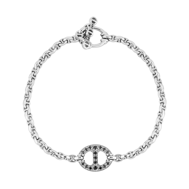 Men's Black Diamond Paved Charm Mariner Chain Bracelet in Solid White Gold