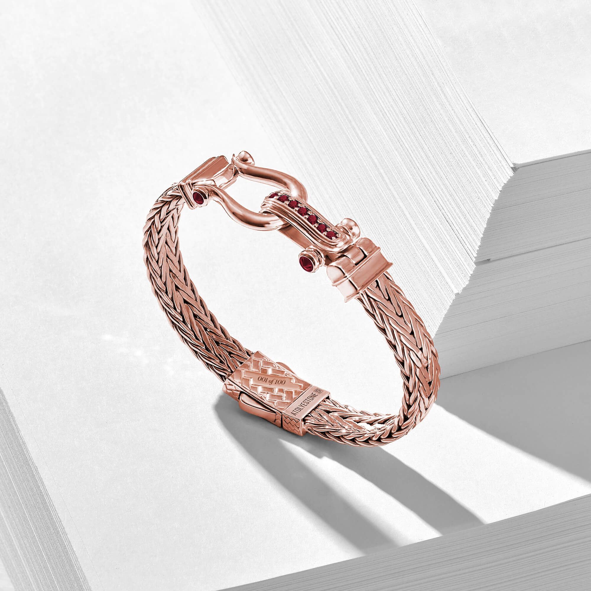 925 Sterling Silver Foxtail Woven Ruby Pave Bangle Bracelet