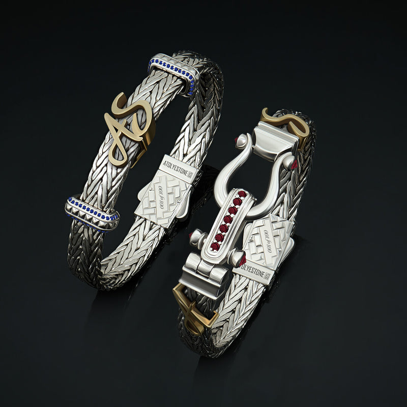 Atolyestone Iconic Sapphire Statement and Emerald Statement Bangles with Solid Gold