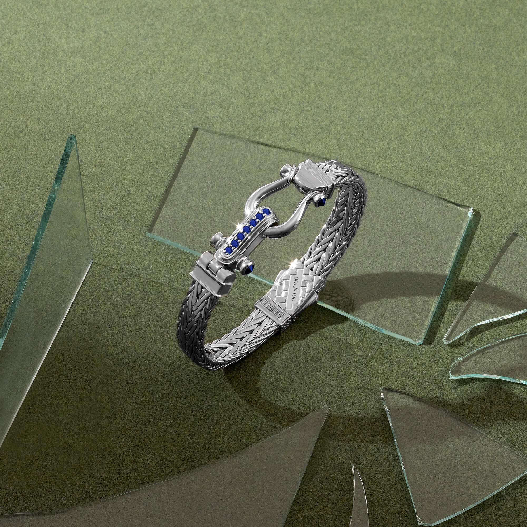 925 Sterling Silver Foxtail Woven Sapphire Pave Bangle Bracelet