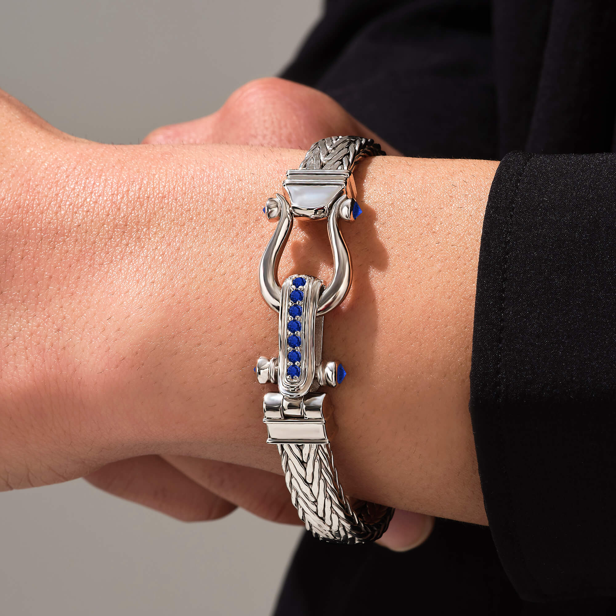 Men's 925 Solid Silver 1.03ct Sapphire Iconic Woven Bangle