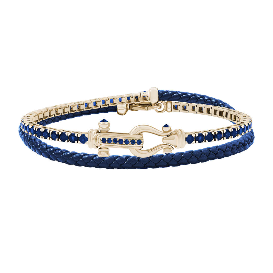 Iconic Tennis & Leather Wrap Bracelet in Real Yellow Gold - Blue Leather