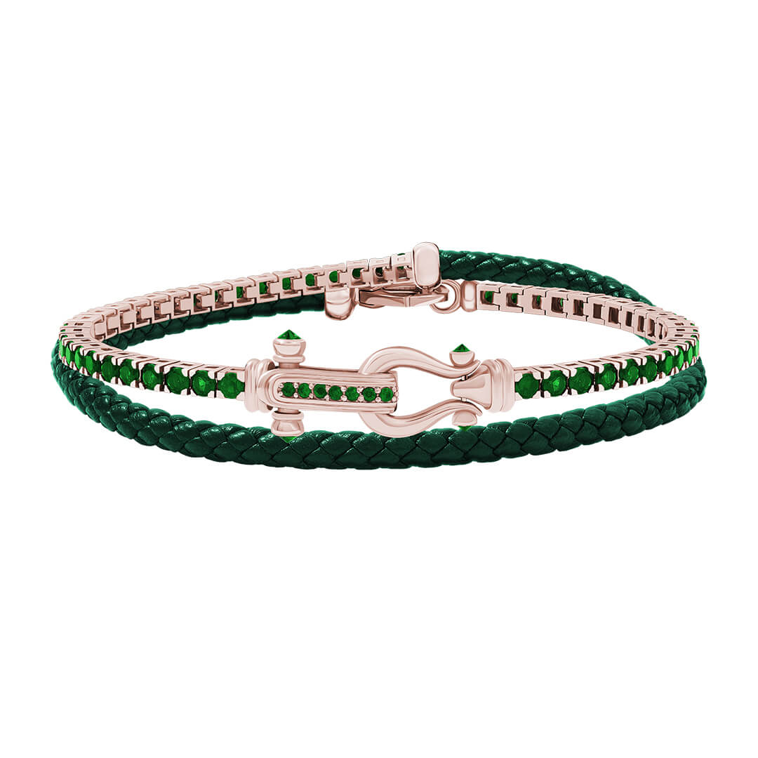 Iconic Tennis & Leather Wrap Bracelet in Real Rose Gold - Green Leather