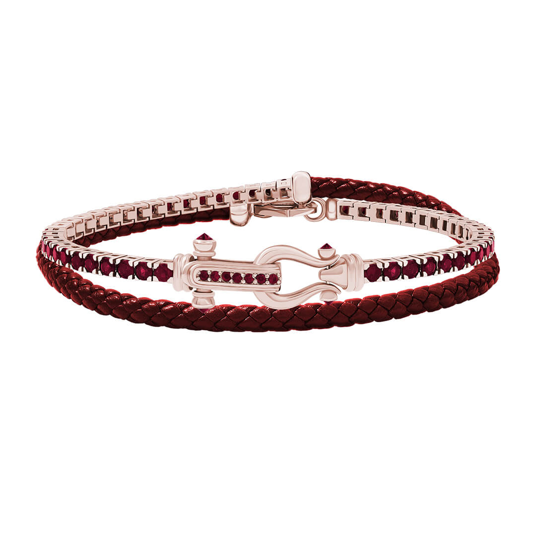 Iconic Tennis & Leather Wrap Bracelet in Real Rose Gold - Red Leather