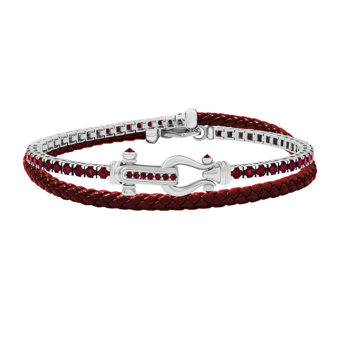 Iconic Tennis & Leather Wrap Bracelet in Real White Gold - Red Leather