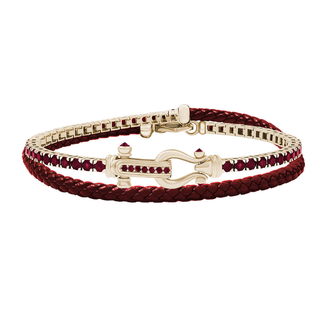 Iconic Tennis & Leather Wrap Bracelet in Real Yellow Gold - Red Leather