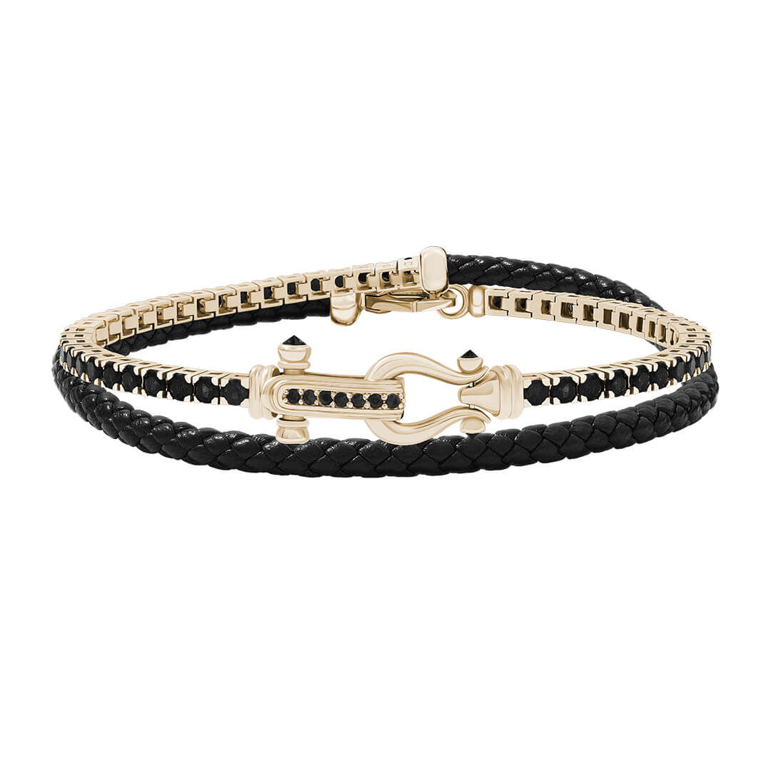 Iconic Tennis & Leather Wrap Bracelet in Real Yellow Gold - Black Leather