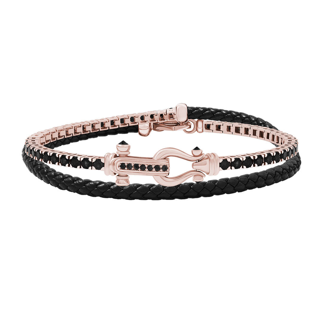 Iconic Tennis & Leather Wrap Bracelet in Real Rose Gold - Black Leather