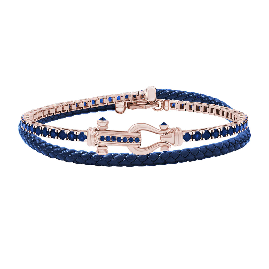 Iconic Tennis & Leather Wrap Bracelet in Real Rose Gold - Blue Leather