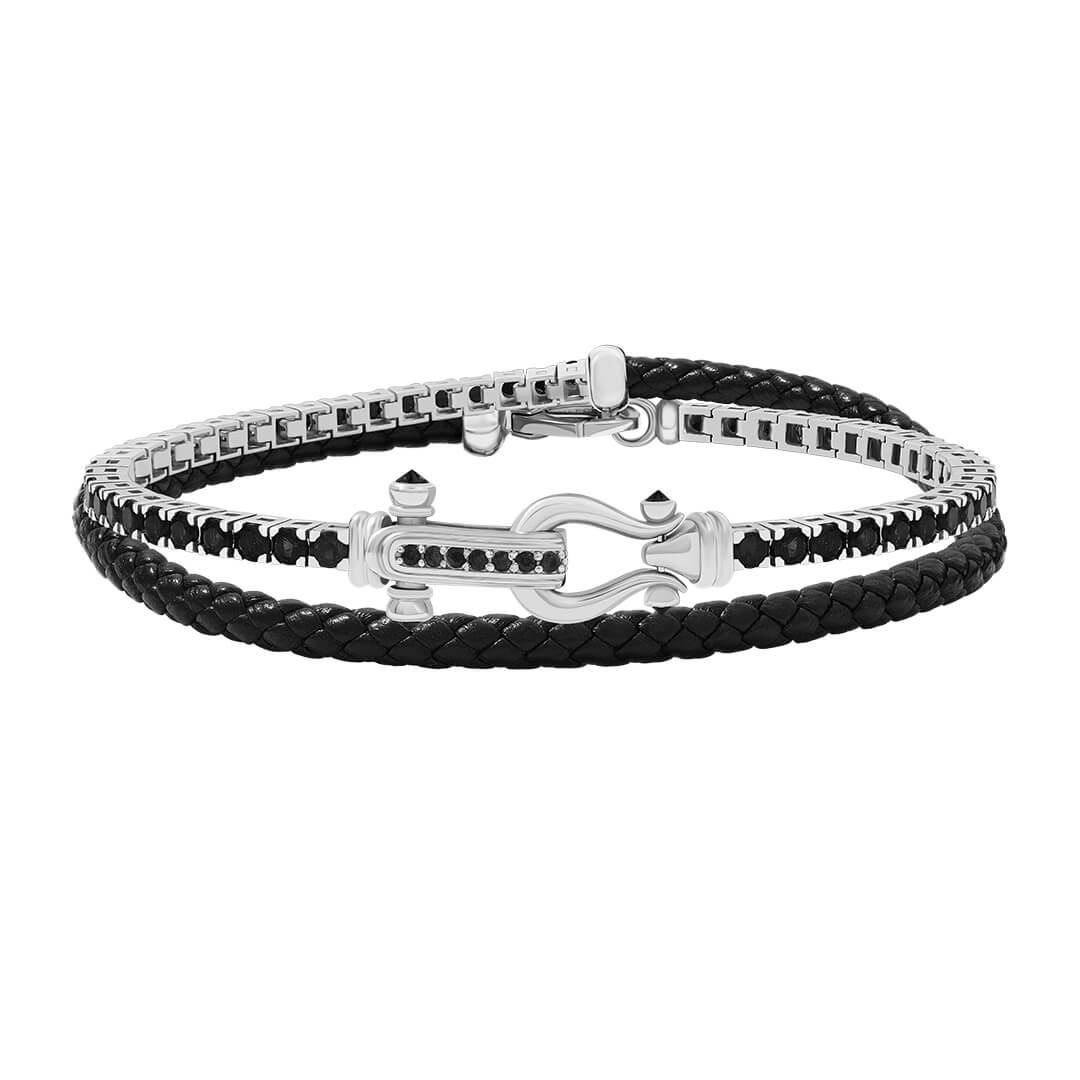 Iconic Tennis & Leather Wrap Bracelet in 925 Sterling Silver - Black Nappa