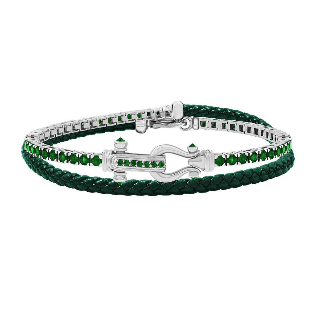 Iconic Tennis & Leather Wrap Bracelet in 925 Sterling Silver - Green Nappa
