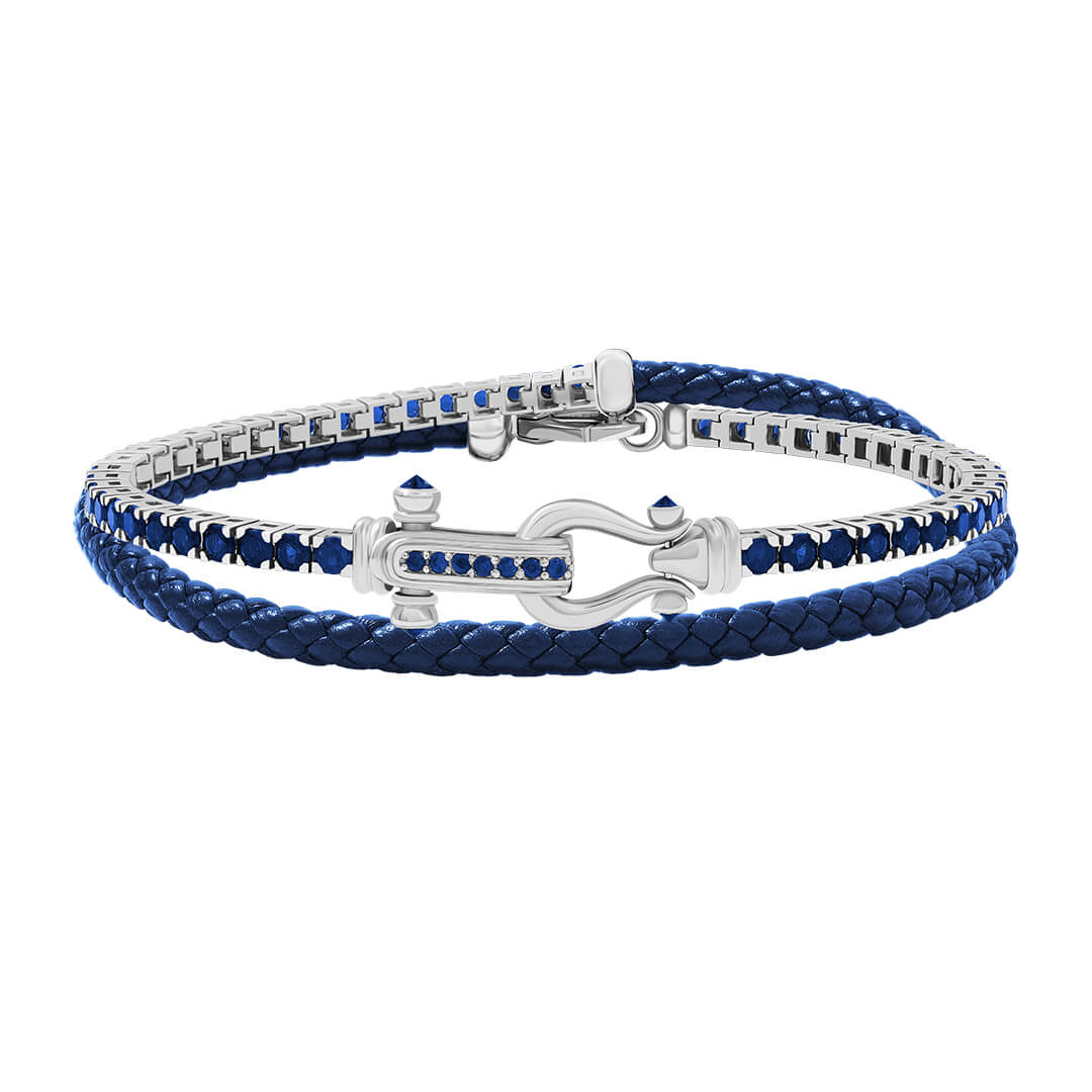 Iconic Tennis & Leather Wrap Bracelet in 925 Sterling Silver - Blue Nappa