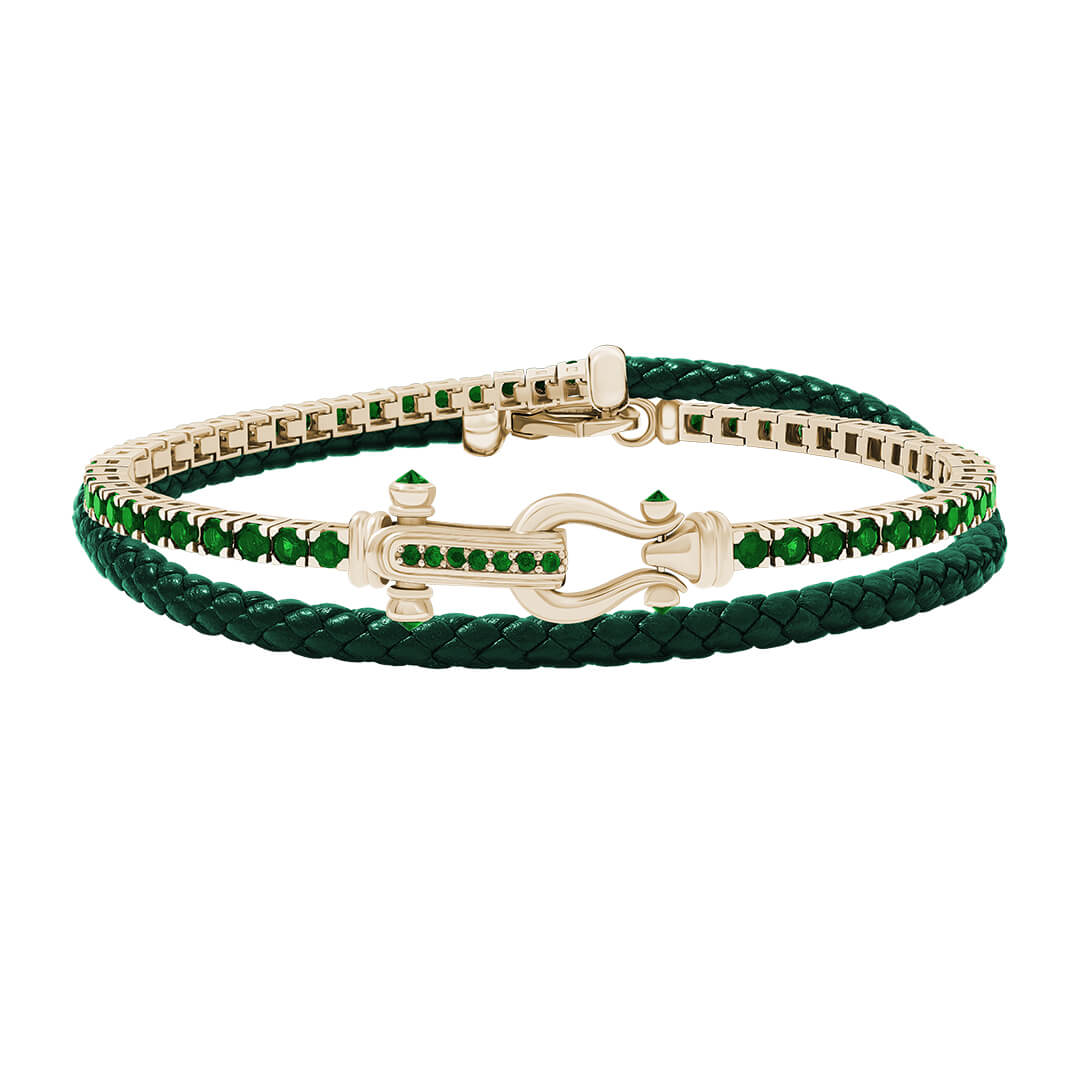 Iconic Tennis & Leather Wrap Bracelet in Yellow Gold Plated 925 Sterling Silver - Green Nappa