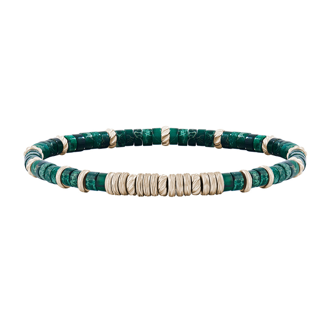 Men's Green Jasper Heishi Beaded Bracelet - Yellow Gold