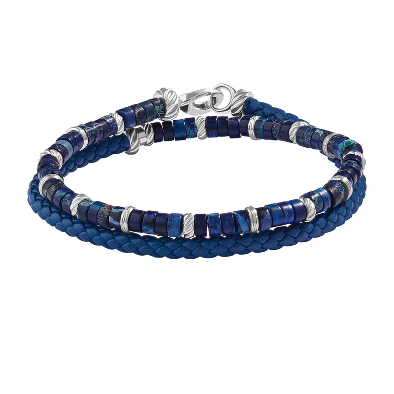 Blue Leather and Blue Jasper Heishi Beaded Wrap Bracelet