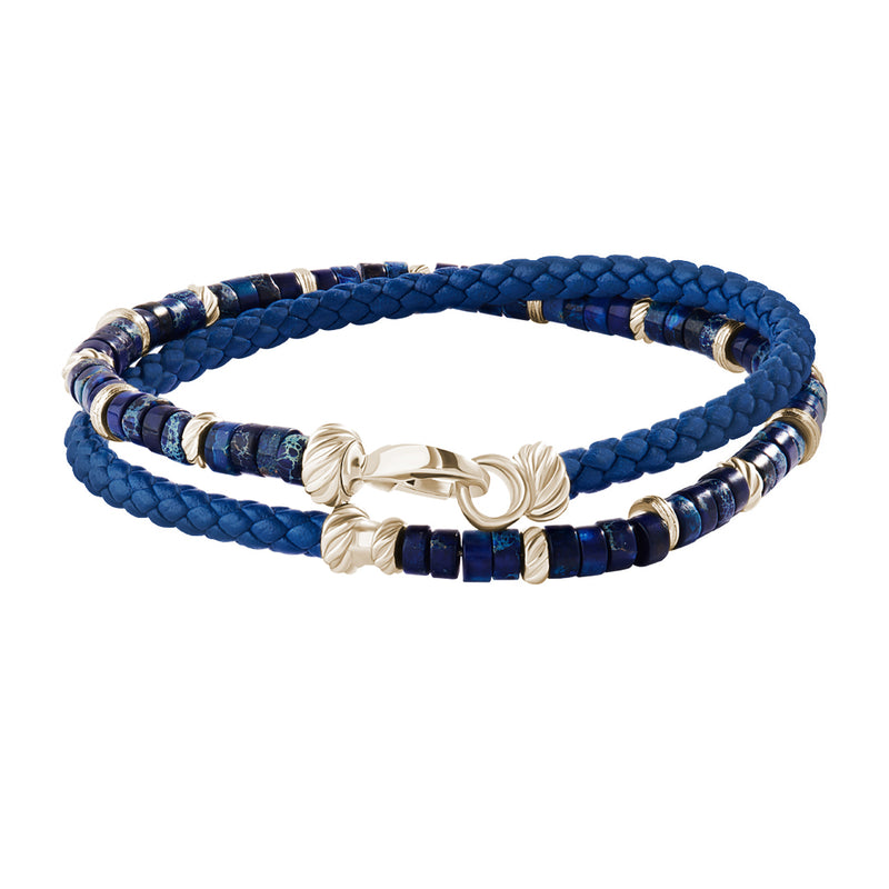 Blue Beads & Leather Bracelet - Yellow Gold