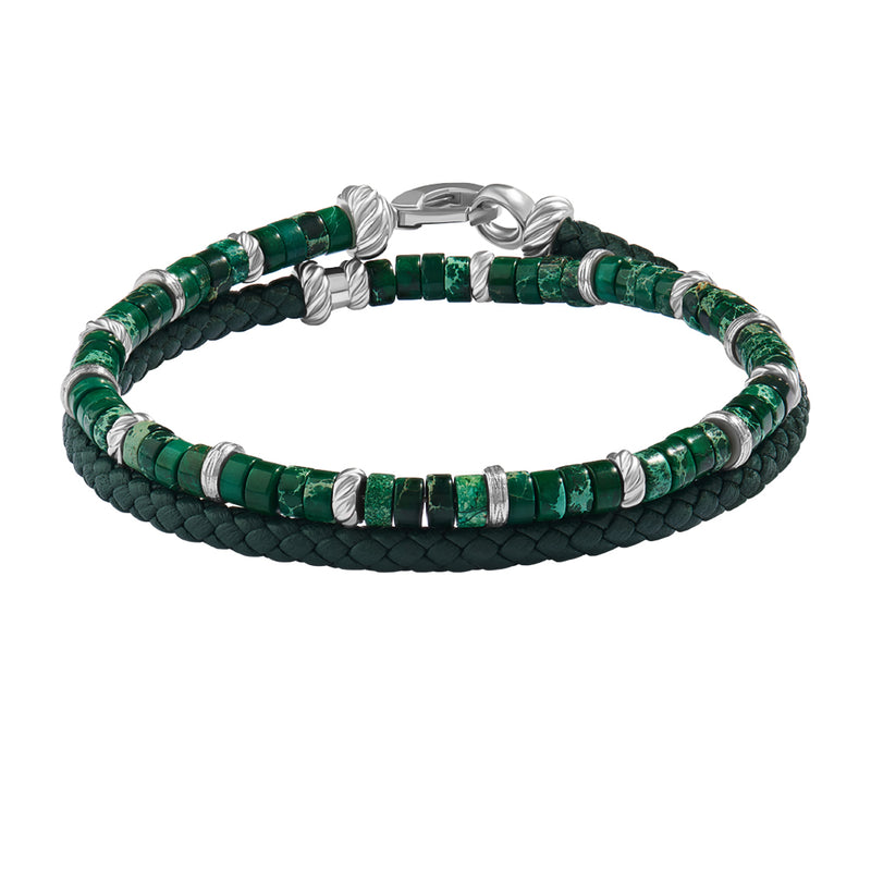 Green Leather and Green Jasper Heishi Beaded Wrap Bracelet