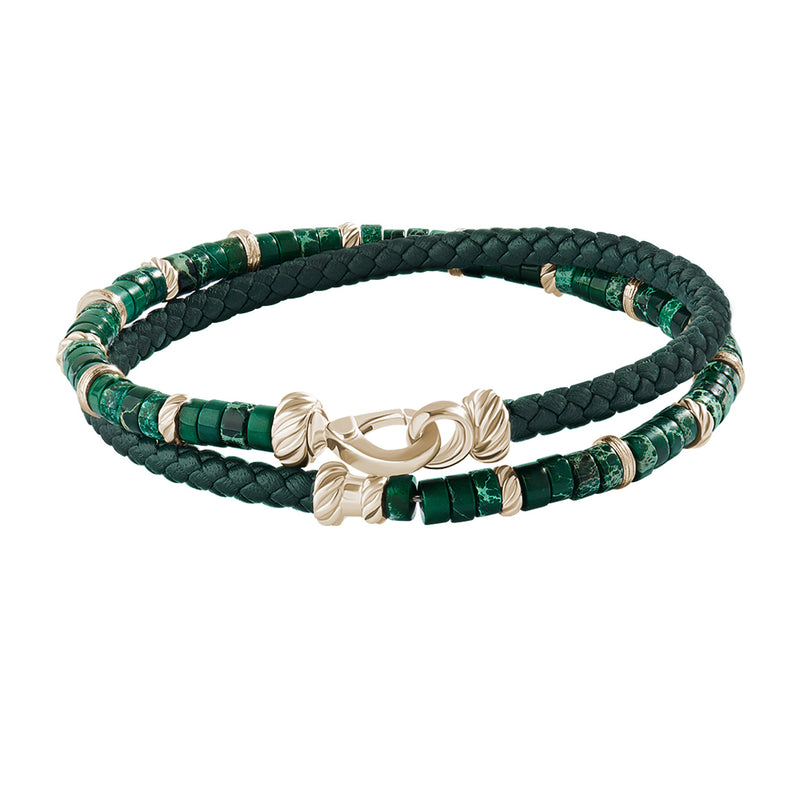 Green Beads & Leather Bracelet - Yellow Gold