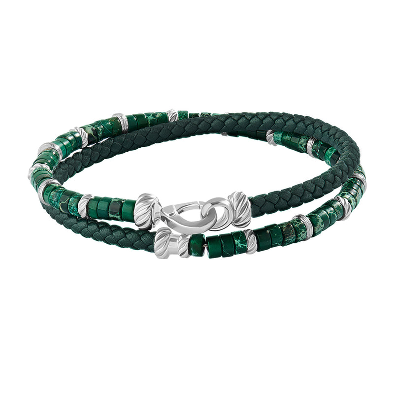 Green Beads & Leather Bracelet