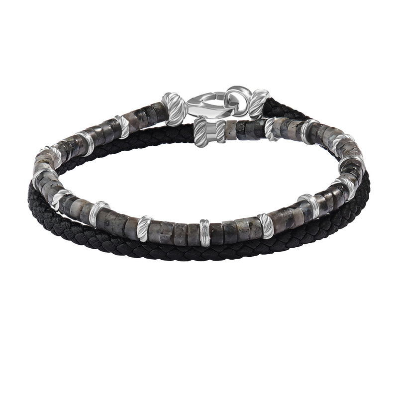 Black Leather and Grey Jasper Heishi Beaded Wrap Bracelet