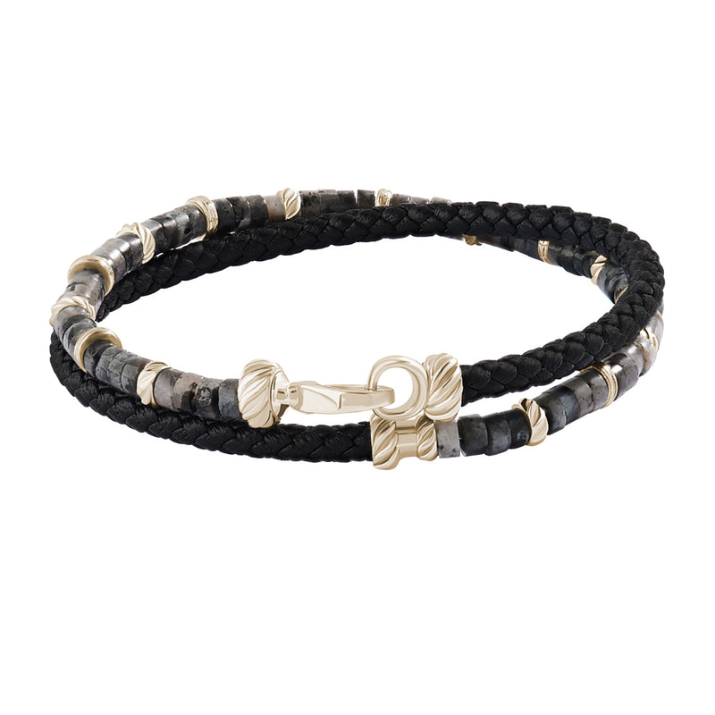 Grey Beads & Black Leather Bracelet - Yellow Gold