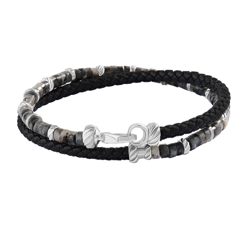 Grey Beads & Black Leather Bracelet