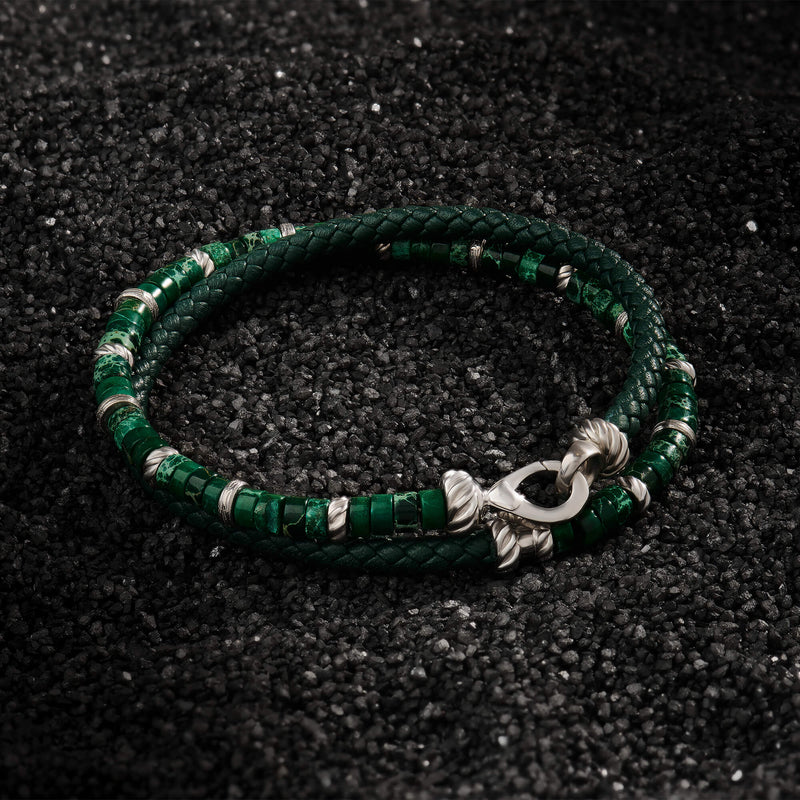 Green Jasper Heishi Beads & Leather Wrap Bracelet in Silver