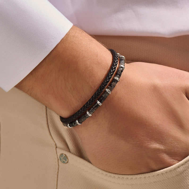 Black Leather and Jasper Beads Wrap Bracelet