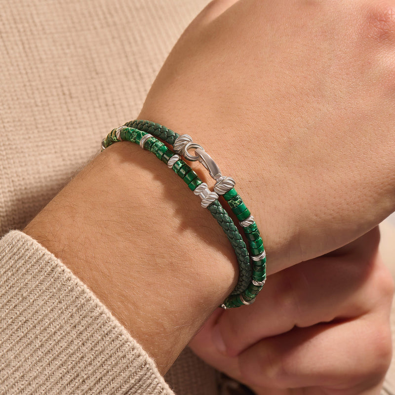 Green Leather and Jasper Beads Wrap Bracelet