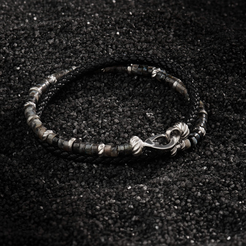 Grey Jasper Heishi Beads & Leather Wrap Bracelet in Silver
